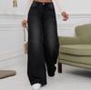 Women's Washed Black Denim Wide-Leg Jeans - Trendy, Loose, Straight, Casual Fashion