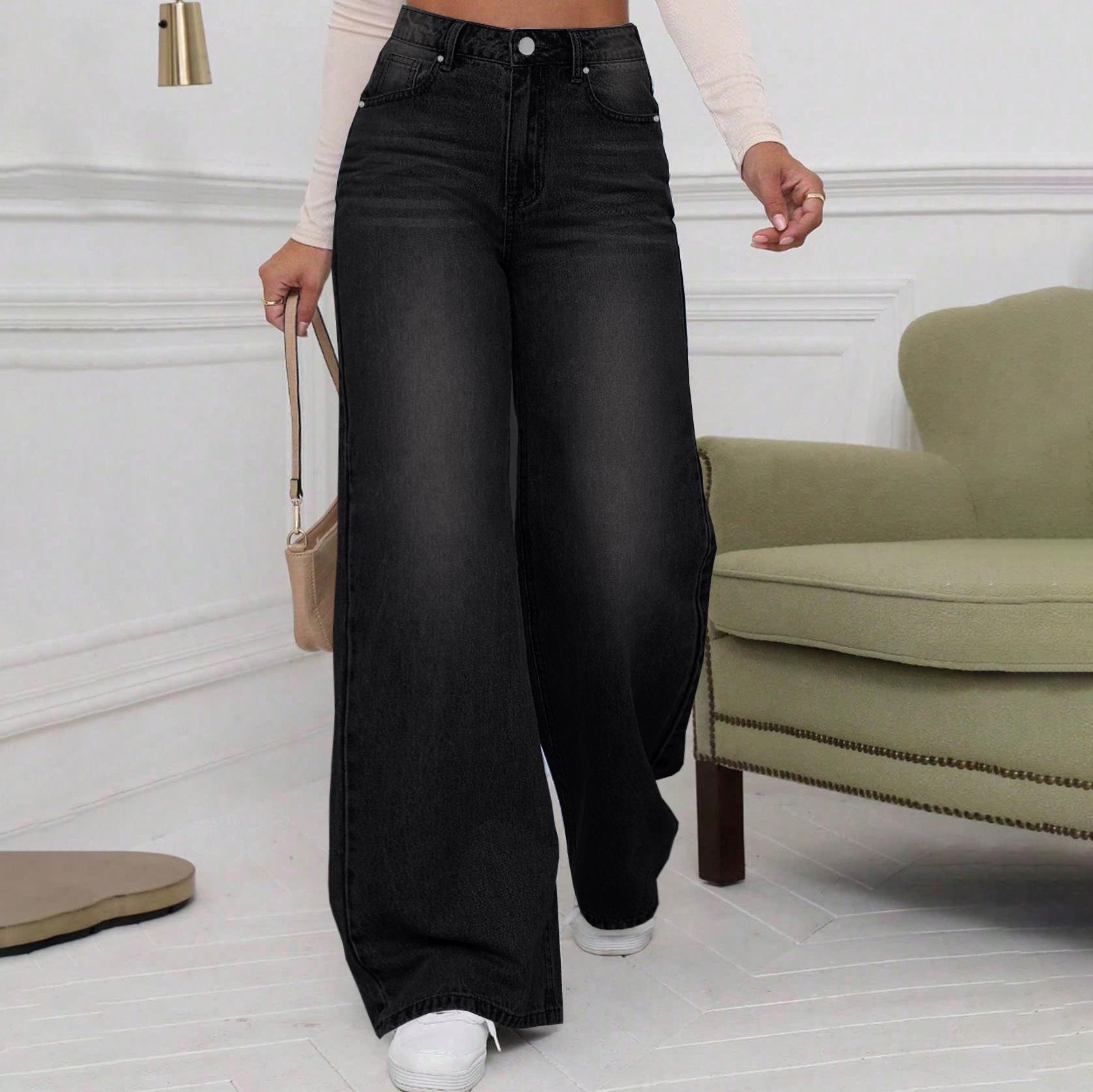 

Women s Washed Black Denim Wide-Leg Jeans - Trendy, Loose, Straight, Casual Fashion L чёрный