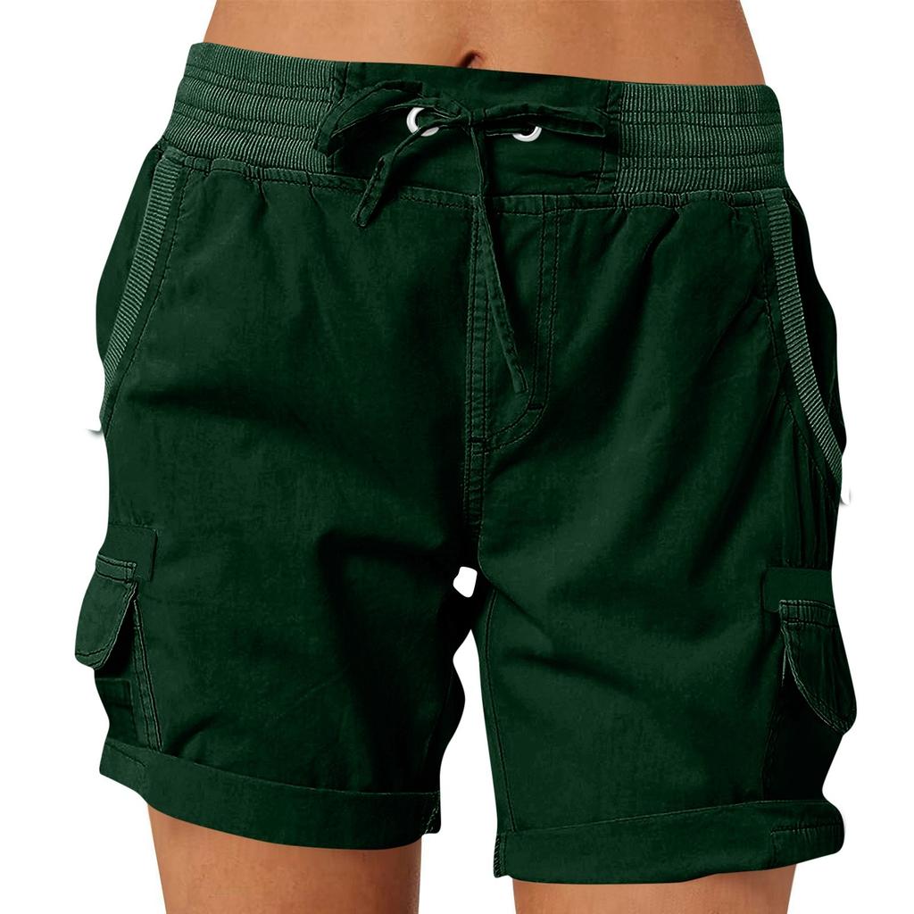 Women's Fashionable Solid Color Pocket Drawstring Casual Work Pants With Elastic Waist And Rolled Edge Five Quarter Shorts