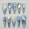10 Pcs Blue Press On Nails Long Almond Shape With Rhinestone Design Stylish Acrylic Fake Nail Tips Set For Women