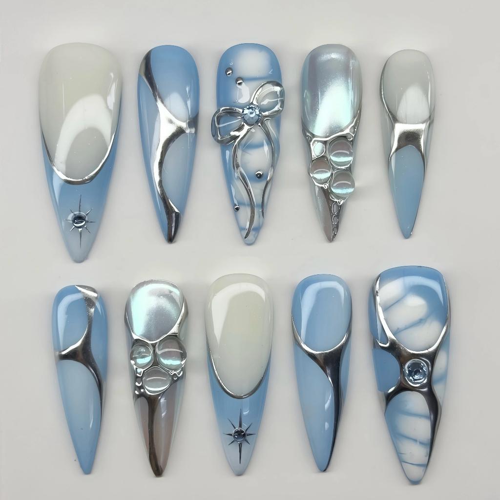 10 Pcs Blue Press On Nails Long Almond Shape With Rhinestone Design Stylish Acrylic Fake Nail Tips Set For Women