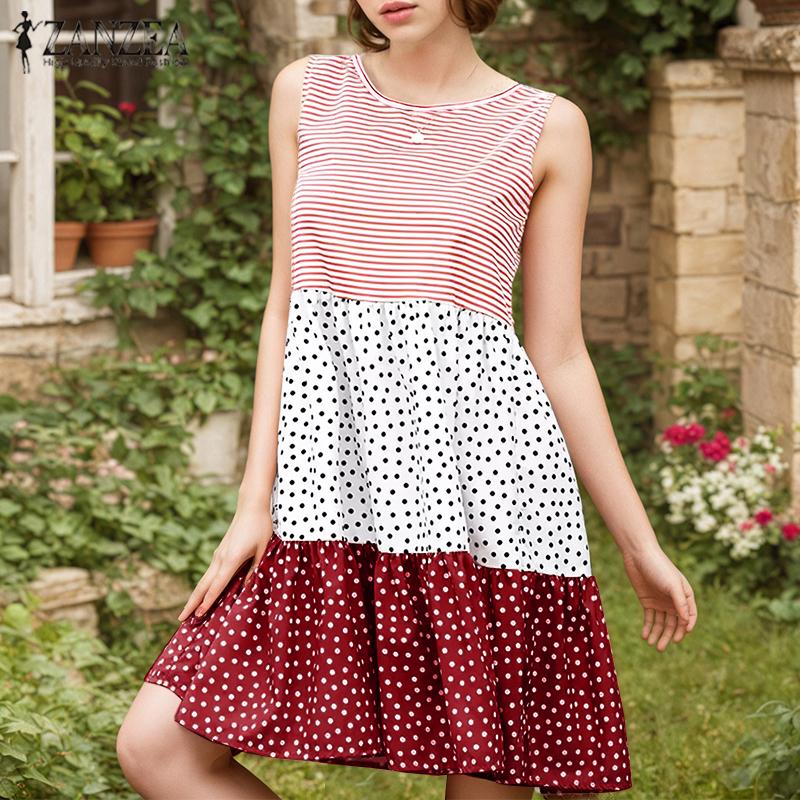 ZANZEA Women Summer Round Neck Loose Sleeveless Polka Dot Print Dress