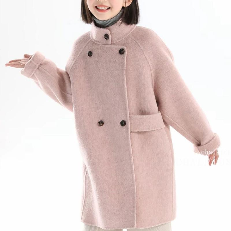 Mädchen Modischer Kirschblütenrosa Wollmantel, Lockerer Baumwollgefüllter Wollübermantel für Kinder Herbst und Winter
