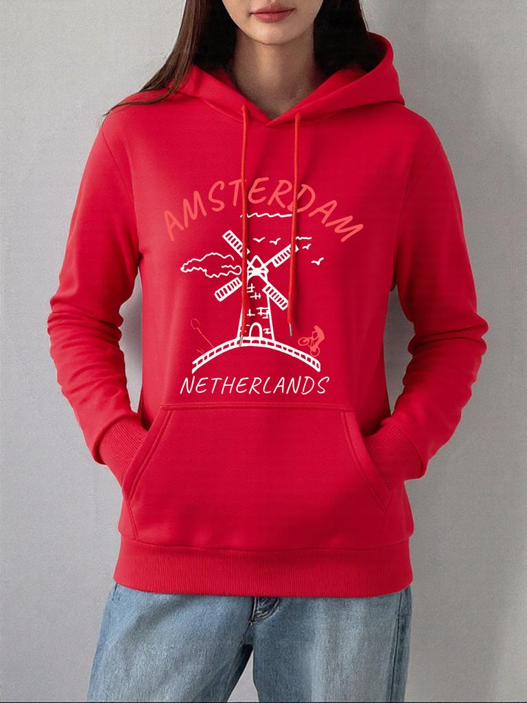 Amsterdam Netherlands Windmill Prints Hoodies Women Winter Fleece Warm Pullovers Loose Pocket Sweatshirts Casual Soft Clothes