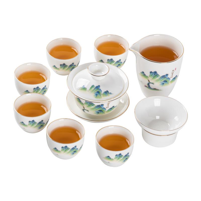 Suet Jade Tea Set Will Give Customers Ceramic Cover Bowls, Teacups, Gift Boxes, and Business Gifts.