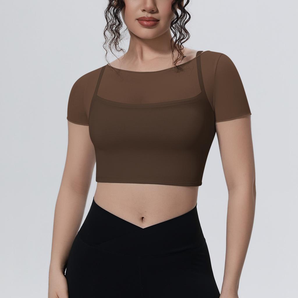 Solid Color Mesh Double-layer Breathable Fake Two-piece Short-sleeved Top Casual Sports Running Fitness Yoga Wear