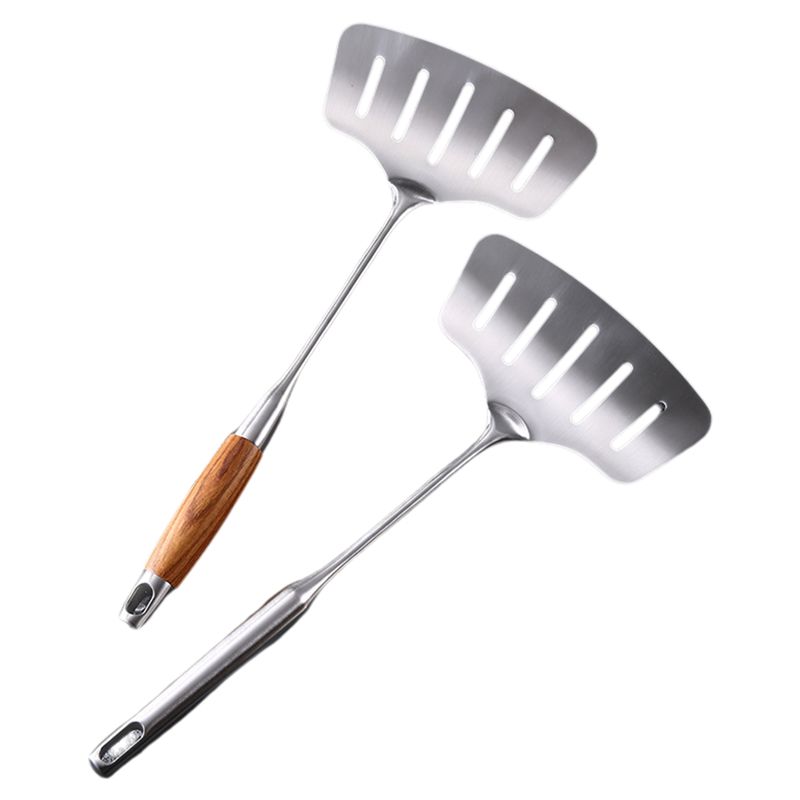 

ABUL-Large Stainless Steel Fish Frying Spatula Egg Pan Scoop Nonstick Long Wood Handle Steak Slotted Flat Shovel Kitchen2pcs
