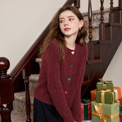 Sancai 2026 Spring Twist Knit Cardigan with Heart Buttons