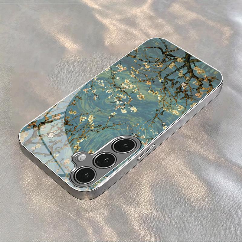 Apricot blue background pattern glass phone case suitable for Samsung Galaxy S26 S25 S24 S22 S21 S20 FE/Ultra/Plus5G anti drop