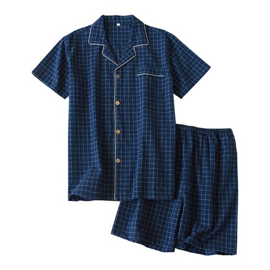 1 Set Pajama Set Soft Short Sleeve Casual Thin Comfortable Sleeping Wear Cotton Grid Print Men Homewear Daily Clothing