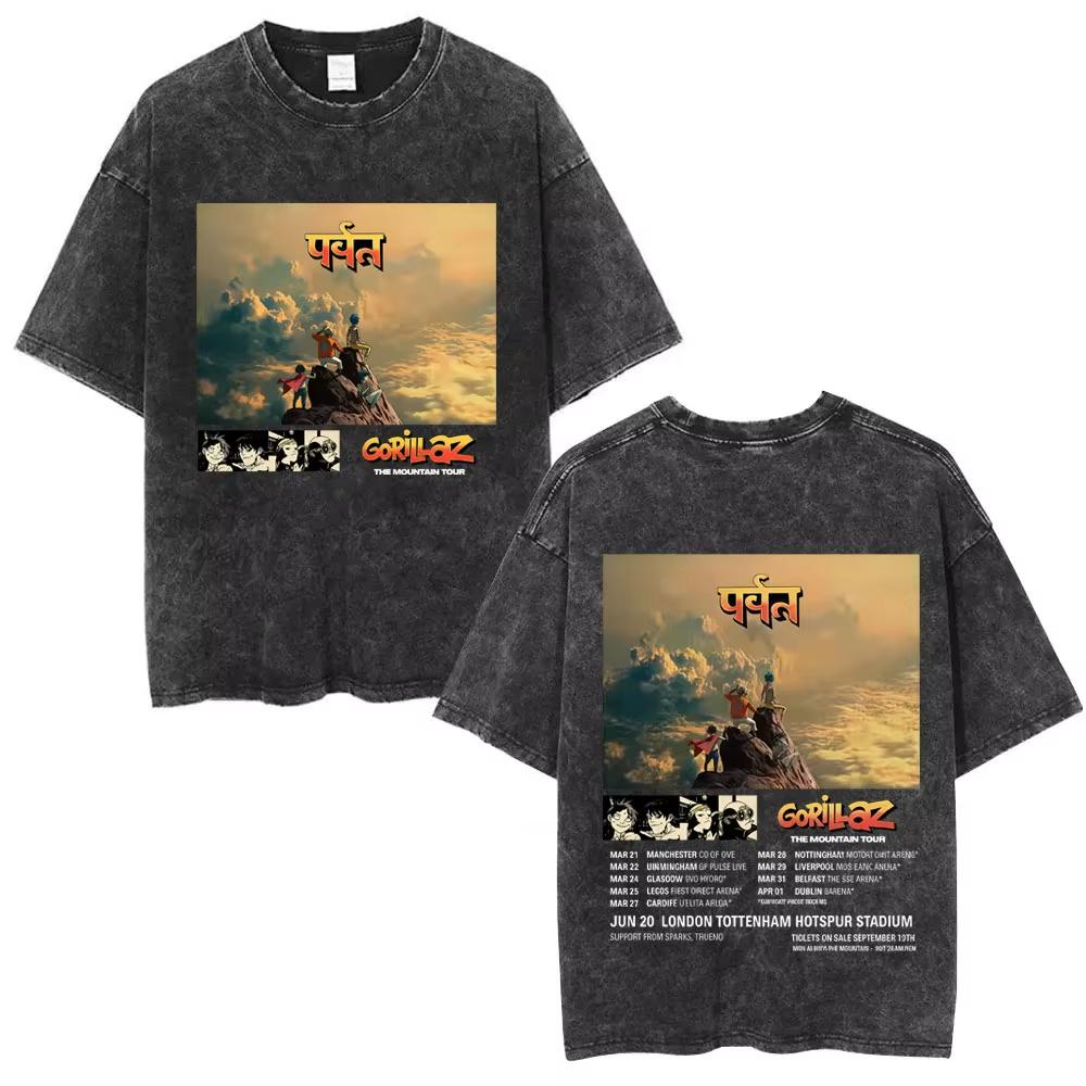 Washed Vintage Rock Band Gorillaz Album Graphic T-shirt Men's Women Hip Hop Fashion Oversized T Shirts Male Cotton Streetwear
