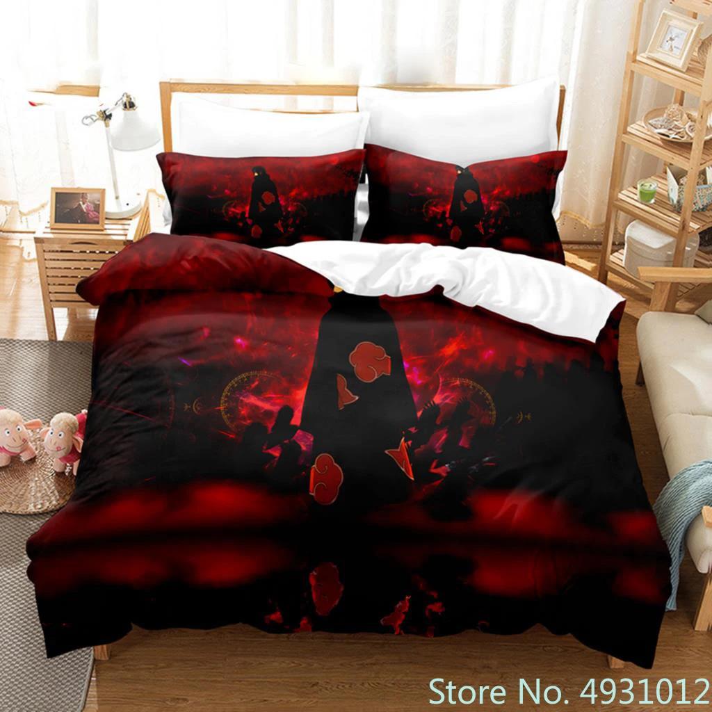 Anime Uchiha N-Naruto Uzumaki Red Cloud Bedding Sets Household Quilt Duvet Cover Itachi Home Textile Bed Suit Children Kids Gift