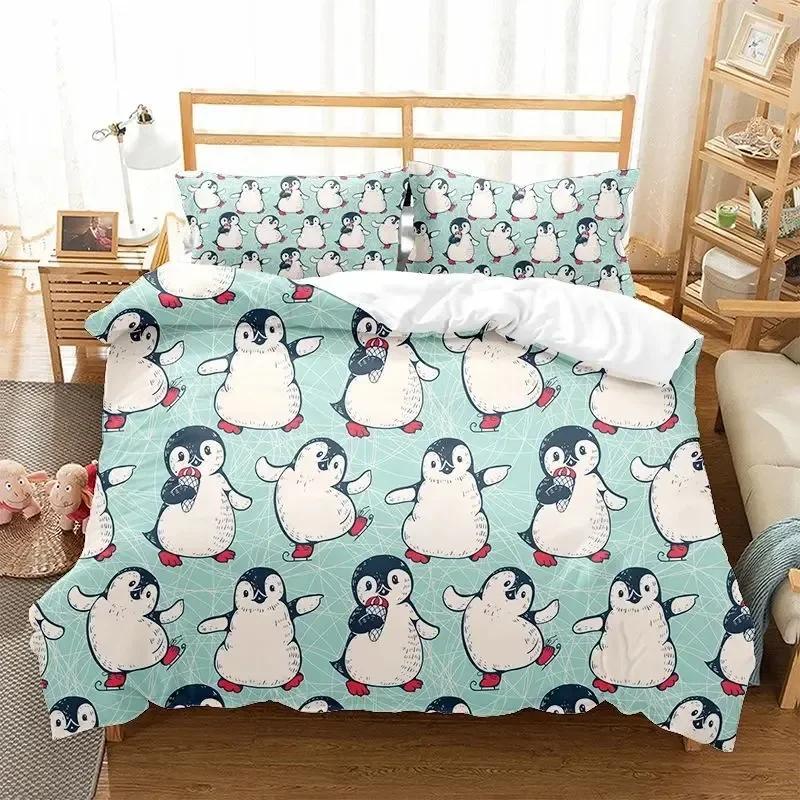 Cartoon Penguin Comfortable Duvet Quilt Cover Pillowcase Bedding Set Children Home Textile Antarctic Animal Illustration