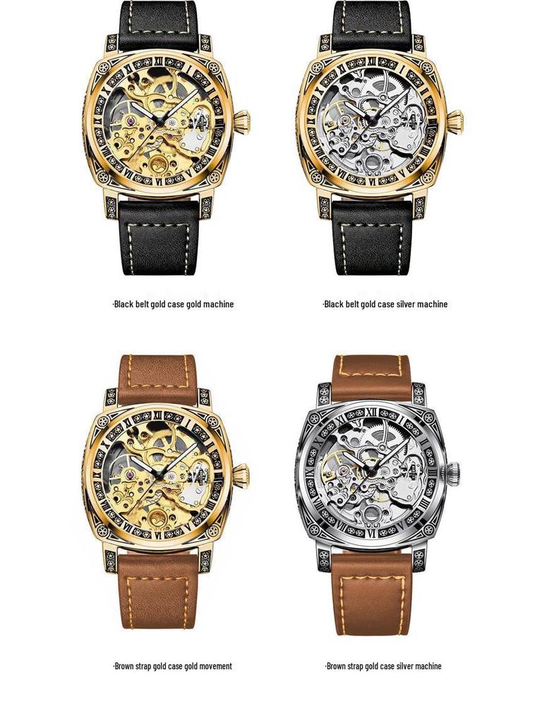 Herren Skelett Automatische Mechanische Uhr, Geprägtes Edelstahl