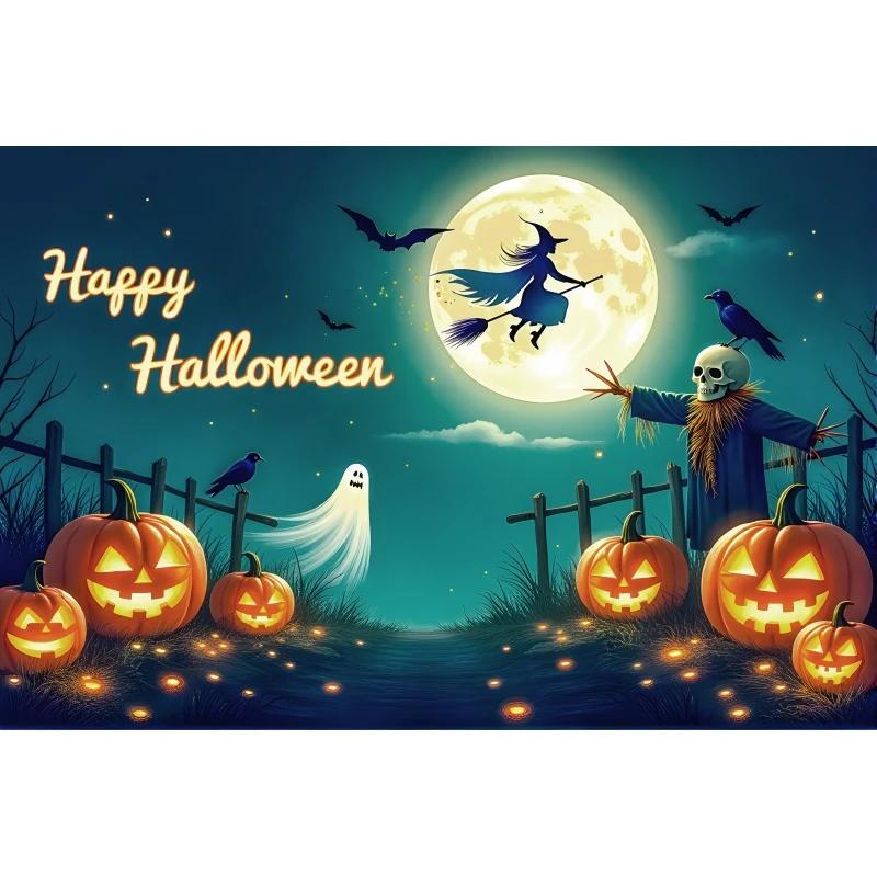 

1pc Happy Halloween Party Backdrop with Moon Ghost Witch Scarecrow Pumpkin Bats Banner for Halloween Themed Party Decoration 100x150cm