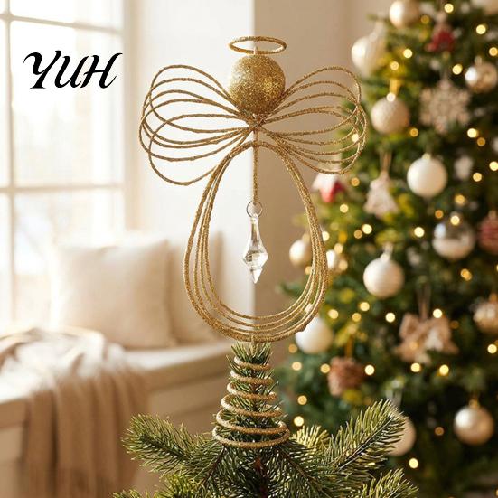 Metal Wire Angel Figurine Christmas Tree Topper, Gold Glitter Crown Elegant Room Display Ornament for Holiday Home Decor And Seasonal Indoor