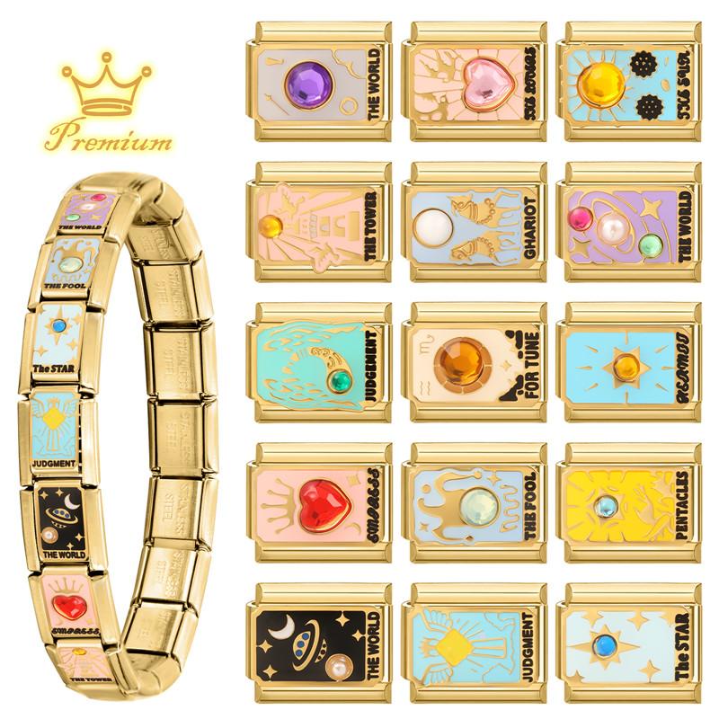 Vintage Tarot Card Heart Moon Star Sun Golden Charm Links Fit 9MM Stainless Steel Bracelet Women Men Jewelry Making DIY Beads