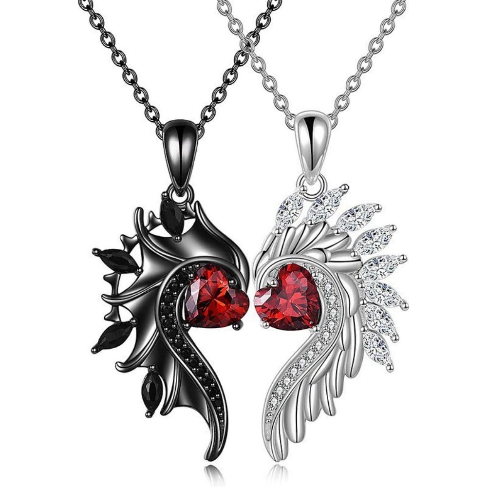 Neue Schwarz-Weiß-Farbe Herz Engel Teufel Flügel Anhänger Halskette Ohrringe Einzigartiger Mode Gothic Valentinstag Schmuck Geschenk