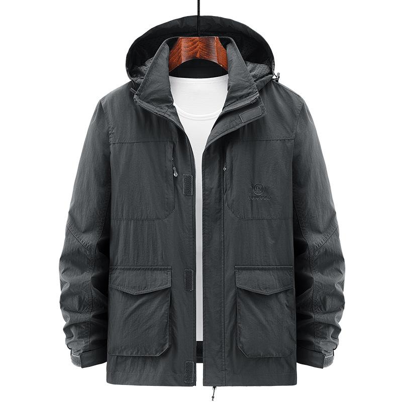 

Spring and Autumn Casual Sports Top Men s Stand-Up Collar Hooded Jacket Loose Multi-Pocket Middle-aged and Elderly Jacket 5XL