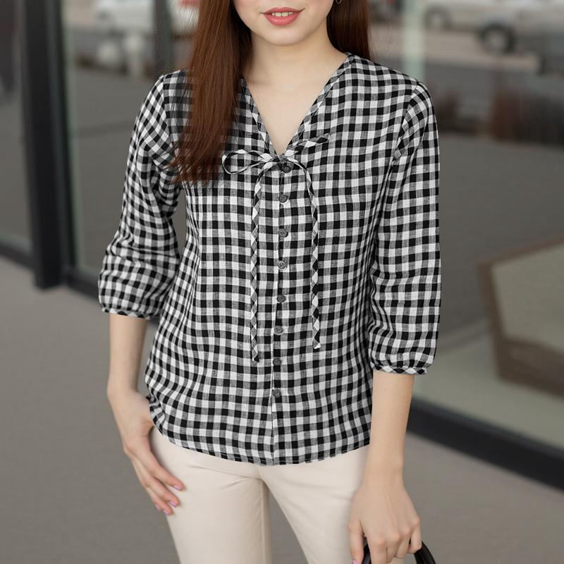 

ZANZEA Женская повседневная блузка с V-образным вырезом, рукавом 3/4, свободного кроя, с клетчатым принтом 5XL чёрный