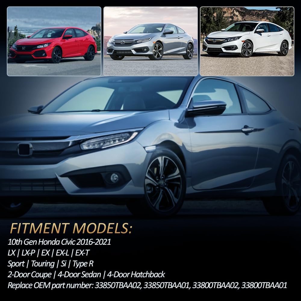 D-Lumina LED Side Marker Lights Smoked Lens White For Honda Civic 2016- 10Th Gen Civic Sedan Coupe Hatchback, Front Bumper Fender Side Marker Light,