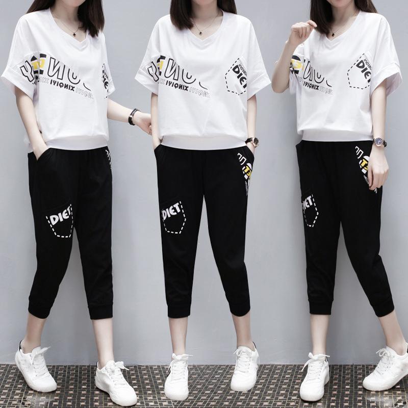 Summer Korean Fashion Women's Running Sportswear Set Short Sleeves Trousers