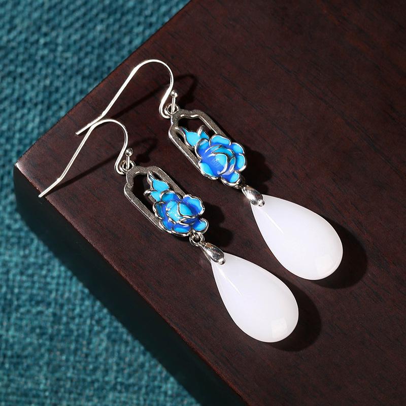 Airyuan Cloisonné Enamel Jade & Silver Earrings with Orchid Design
