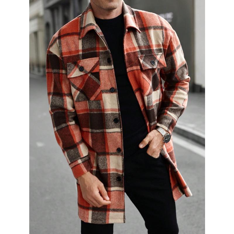 Men Casual Long Plaid Buttoned Double Pocket Shirt Coat Windbreaker S оранжевый