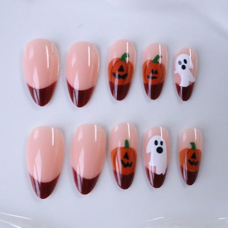 Hot-selling manicure small fresh and cute Halloween French pumpkin ghost long almond wear armor