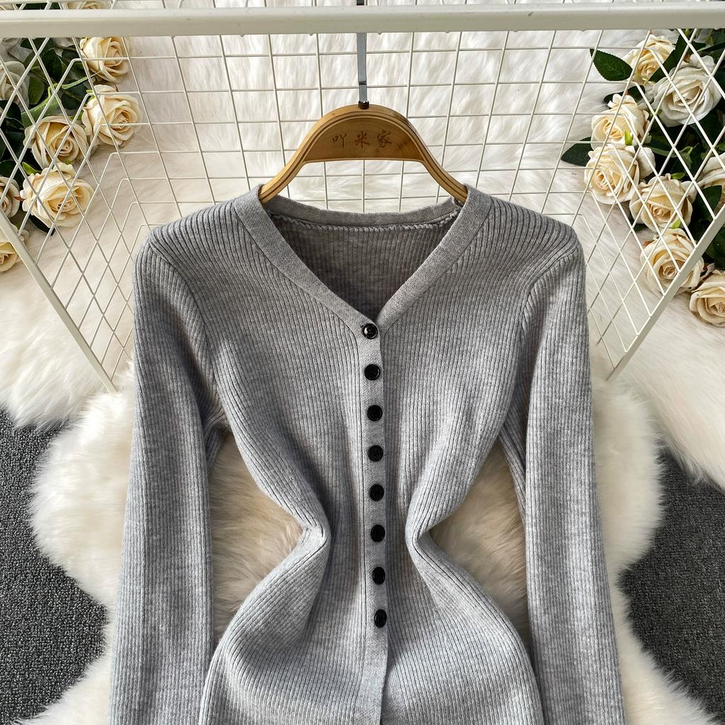 Jesień Wiosna Kobiety Elegancki Sweter Dzianinowy z Dekoltem w Serek Jednorzędowy Długie Sukienki Midi z Rozcięciem