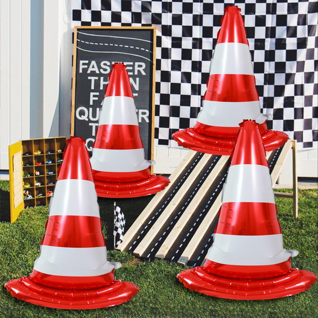 4pcs Traffic Cone Racing Aluminum Foil Balloons, Racing Theme Sports Activity Traffic Toys, Parking Lot Sign Birthday Party