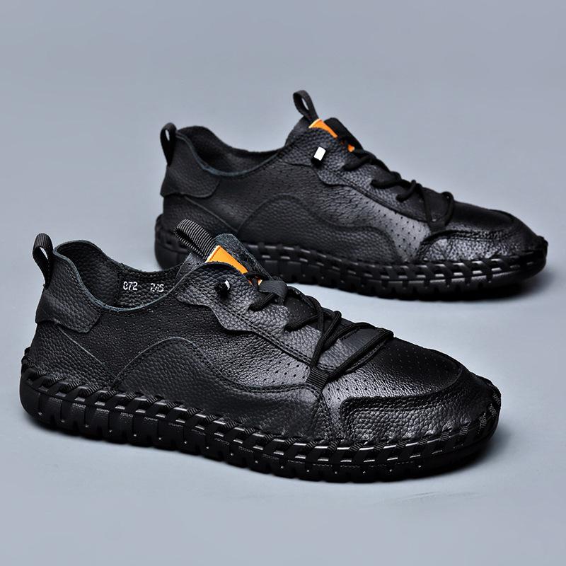 2025 new hollow first layer cowhide men's small leather shoes breathable soft-soled Doudou shoes glue-free hand-sewn shoes