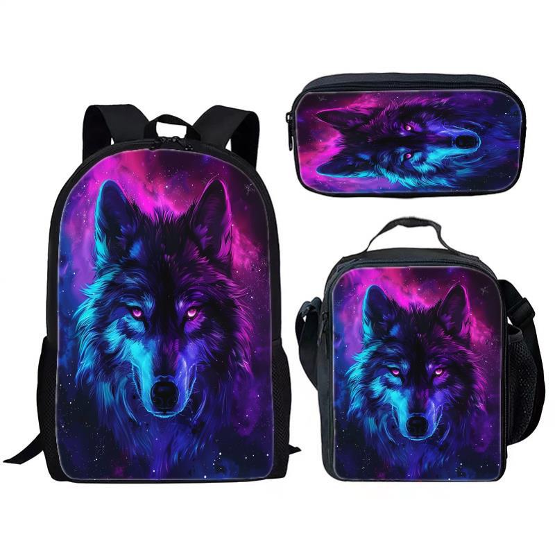 Animal Wolf Three Piece Set for Children and Elementary School Students, Large Capacity Backpack, Meal Pack, Pen Bag