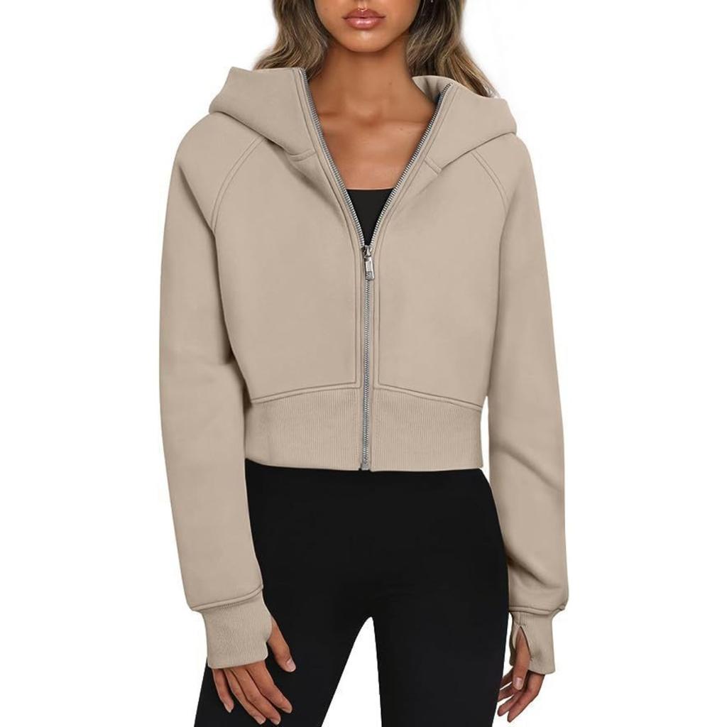 Women's Fleece Lined Hooded Zip Up Cropped Casual Long Sleeve Sweatshirt, European American Style Casual Tops Leisure Trade