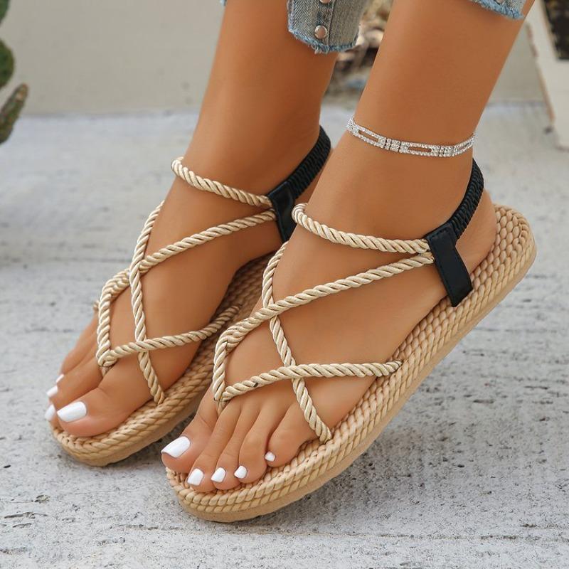 Fashion Women Shoes 2025 Summer Weave Non Slip Cross Tied Women Roman Sandals Womens Closed Toe Peep Toe Lightweight Beach Sandals