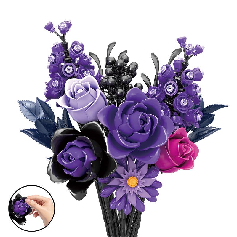 Model Purple Rose Flower Building Set for Adults Dark Elegant Bouquet Display Romantic Desk Decor Floral Art Collectible Gift
