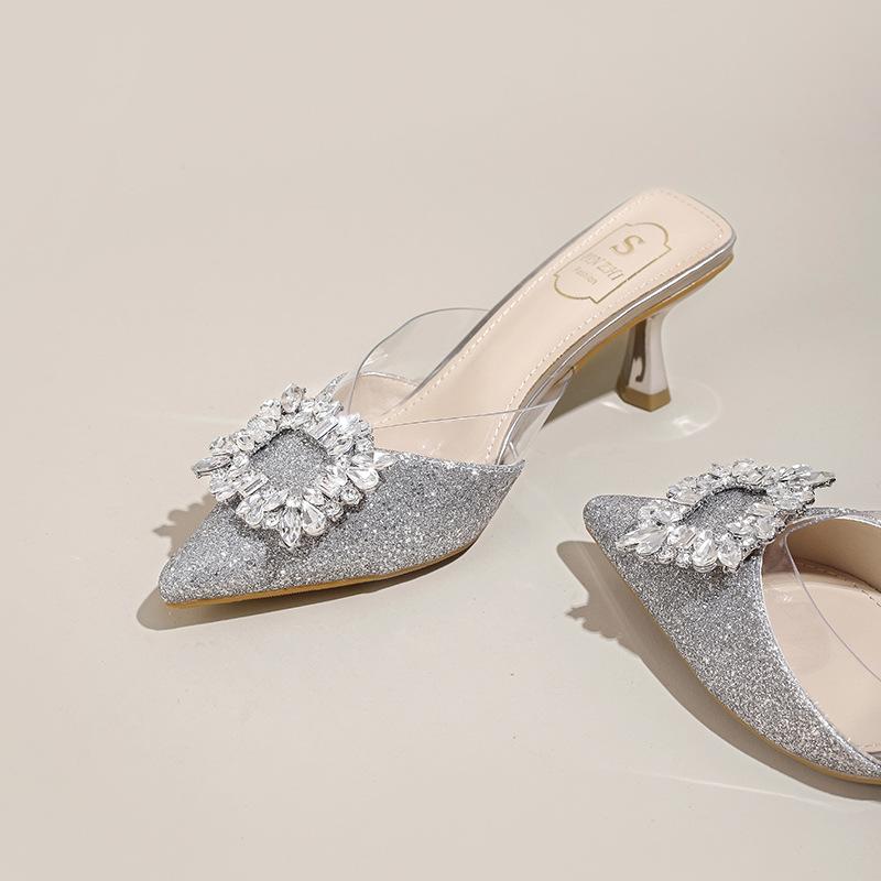 

Champagne rhinestone square buckle thin heel bag head drag women s summer skirt thin flash large size high heel slippers 43