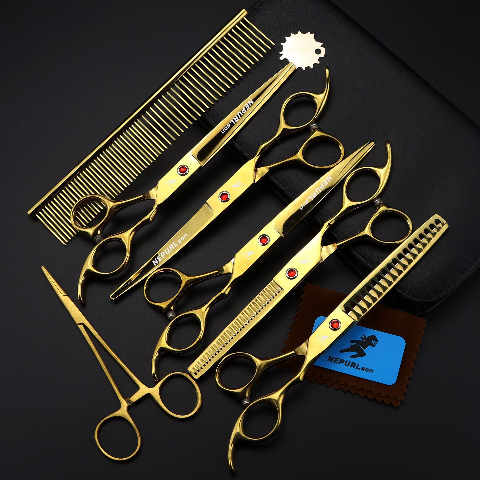7 Electroplated Gold Pet Grooming Scissors Set: Straight, Curved, Thinning Shears & Fine-Tooth Comb. 5-Piece Kit.