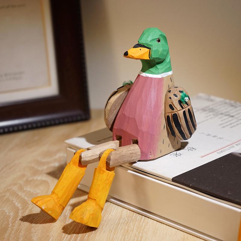 Envy Porcelain Long-Legged Duck: Handmade Wooden Carving, Small Ornament, Humorous Office Desktop Decoration.