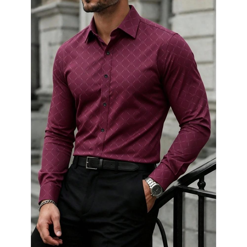 Light Luxury Dark Patterned Diamond Shaped Men's Shirt, Silky Slim Fit Shirt, European and American High-end Dark Printed Shirt