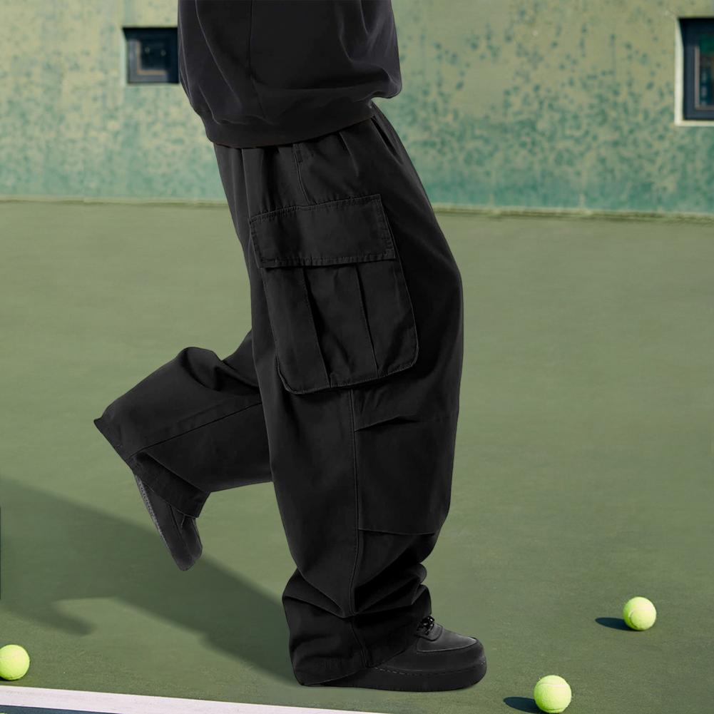 Men Cargo Pants Multi Pockets Drawstring Elastic Waist Vintage Wide Leg Hip Hop Streetwear Loose Solid Color Outdoor Long Trouse