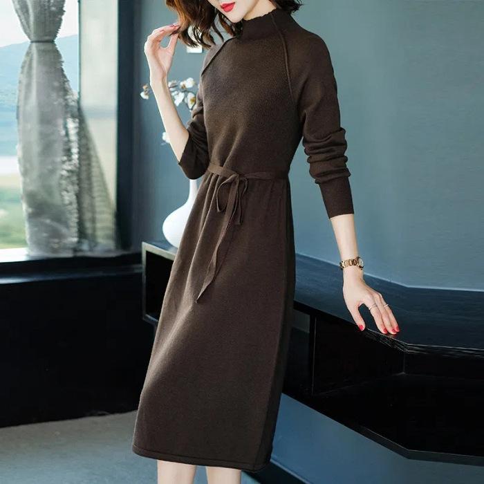 

Long-sleeved dress women s autumn and winter new Korean version loose medium and long skirt over the knee, waist and bottom skirt 3XL коричневий