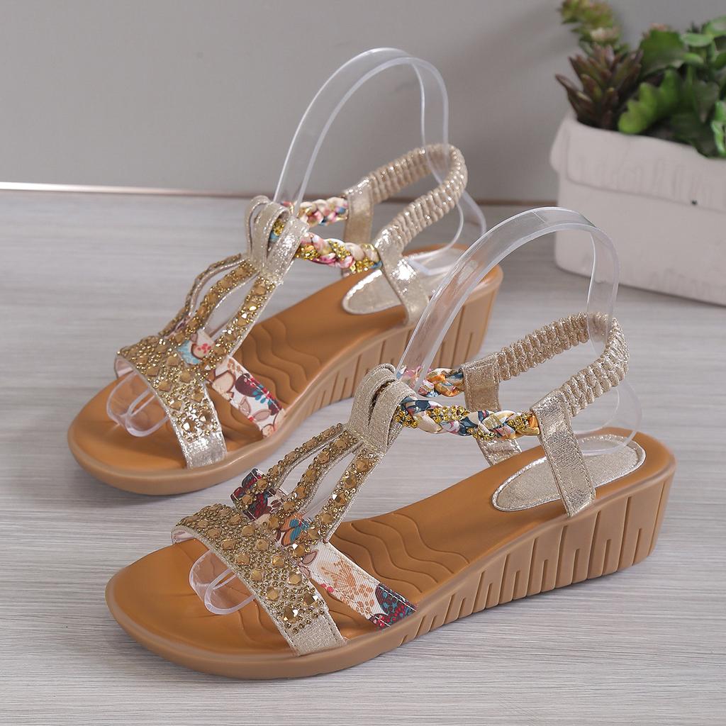 Women's Rhinestone Sparkling Crystal Leather Roman Sandals – Summer Wedge Heel Slides for Casual Outings