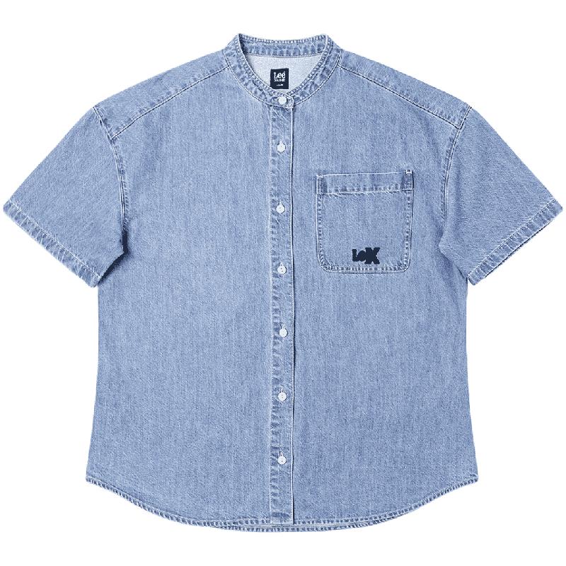 Lee Women s Loose Fit Stand Collar Short Sleeve Tencel Denim Shirt S
