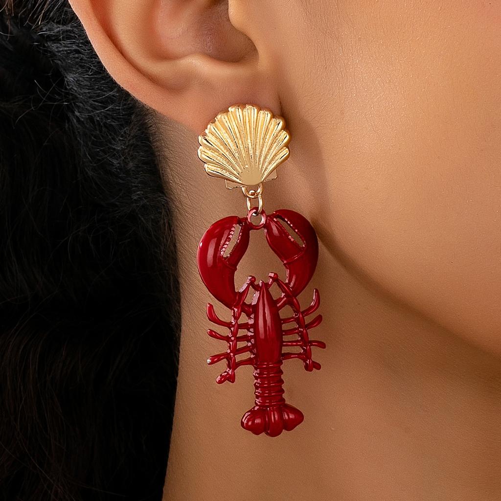 Women's Earrings, Creative and Exaggerated Red Lobster Shell Earrings, Suitable for Parties, Vacations, or As a Gift
