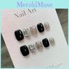 Handmade Sticker Nail Set With Black Shiny Rhinestones Star Patterns Suitable