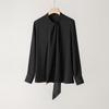 2025 Spring Women's Long Sleeve Mulberry Silk Shirt with Ribbon - Commuter Style, Slim Fit, Solid Color