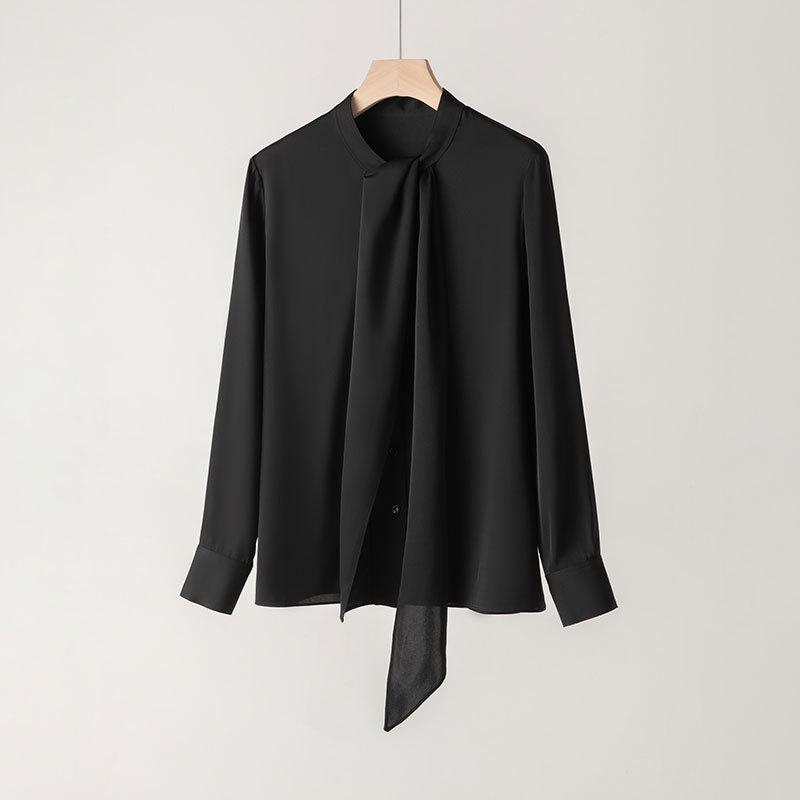 2025 Spring Women's Long Sleeve Mulberry Silk Shirt with Ribbon - Commuter Style, Slim Fit, Solid Color