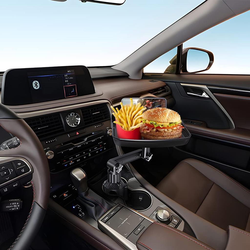 Car Cup Holder Tray Table, Cup Table Holder For Car Drink Holders Tray, 360º Adjustable With Rotating Arm Phone Slot, Non-Slip Stretchable Car Tray