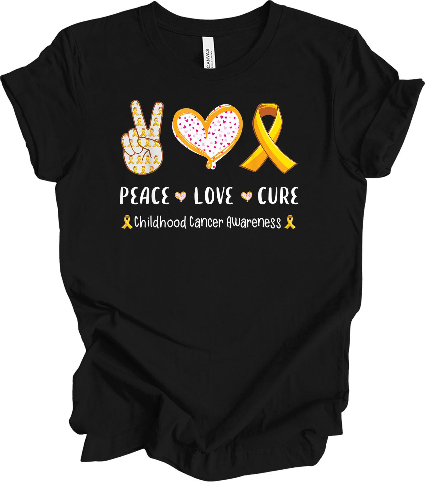 Peace Love Cure Childhood Cancer Awareness Shirt Gold Ribbon Heart Support Gift XL